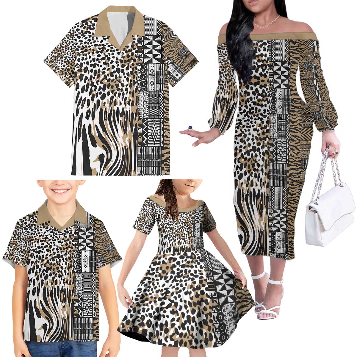 Africa Tribal Pattern Mixed Leopard Skin Family Matching Off The Shoulder Long Sleeve Dress and Hawaiian Shirt - Wonder Print Shop