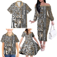 Africa Tribal Pattern Mixed Leopard Skin Family Matching Off The Shoulder Long Sleeve Dress and Hawaiian Shirt - Wonder Print Shop