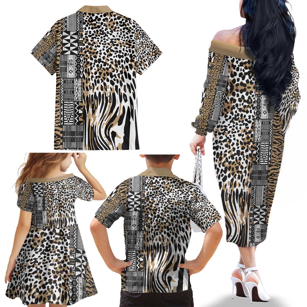 Africa Tribal Pattern Mixed Leopard Skin Family Matching Off The Shoulder Long Sleeve Dress and Hawaiian Shirt - Wonder Print Shop
