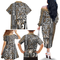 Africa Tribal Pattern Mixed Leopard Skin Family Matching Off The Shoulder Long Sleeve Dress and Hawaiian Shirt - Wonder Print Shop