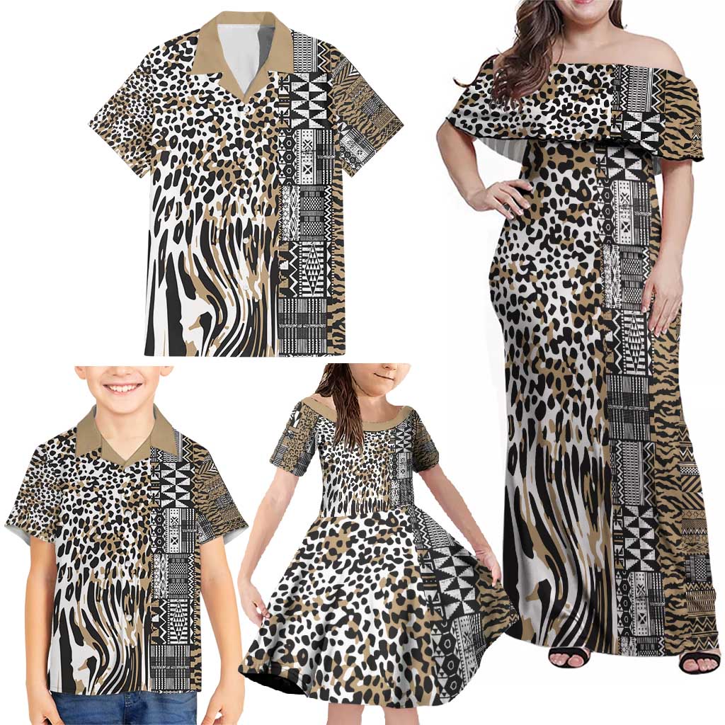 Africa Tribal Pattern Mixed Leopard Skin Family Matching Off Shoulder Maxi Dress and Hawaiian Shirt - Wonder Print Shop