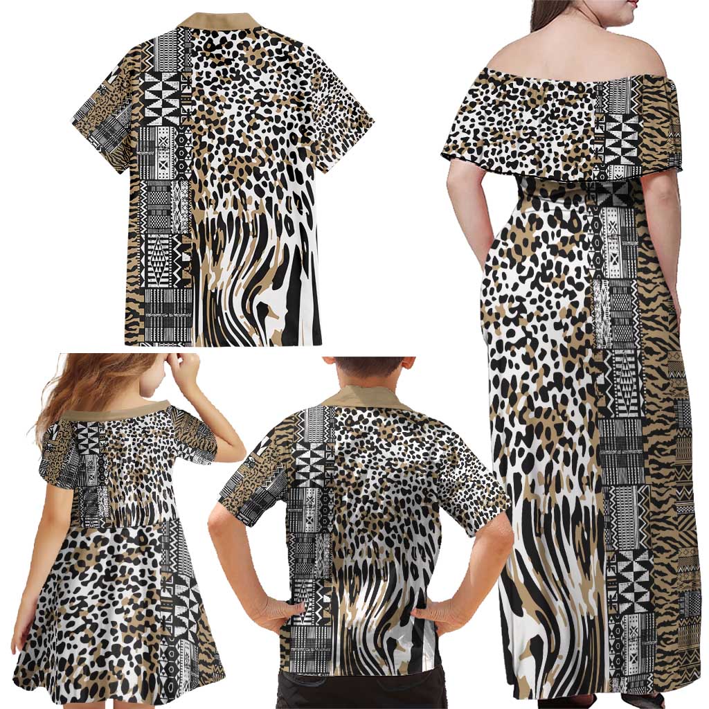Africa Tribal Pattern Mixed Leopard Skin Family Matching Off Shoulder Maxi Dress and Hawaiian Shirt - Wonder Print Shop