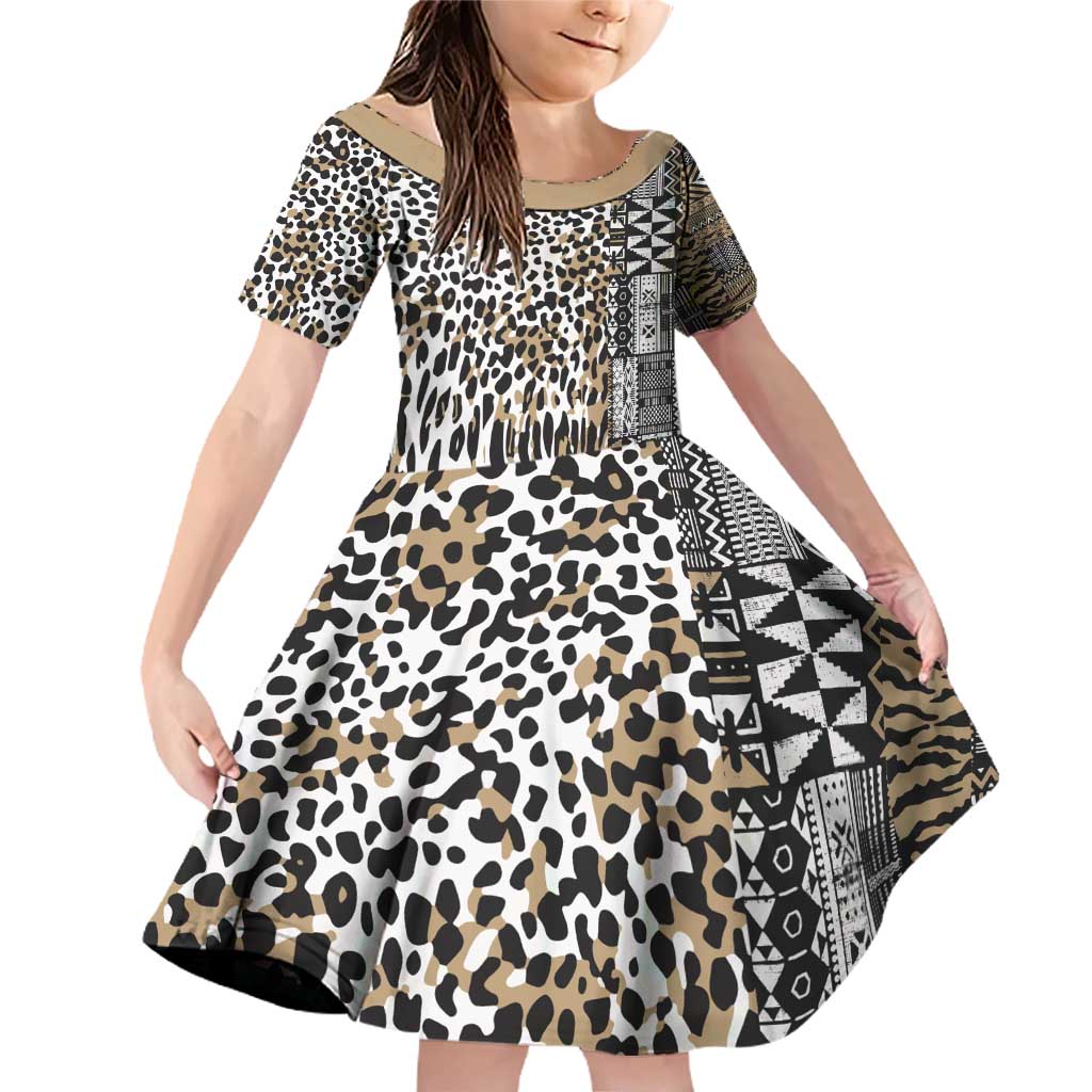 Africa Tribal Pattern Mixed Leopard Skin Family Matching Off Shoulder Short Dress and Hawaiian Shirt - Wonder Print Shop