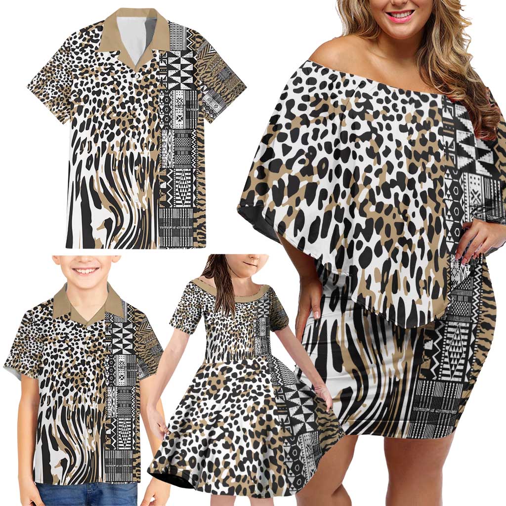 Africa Tribal Pattern Mixed Leopard Skin Family Matching Off Shoulder Short Dress and Hawaiian Shirt - Wonder Print Shop