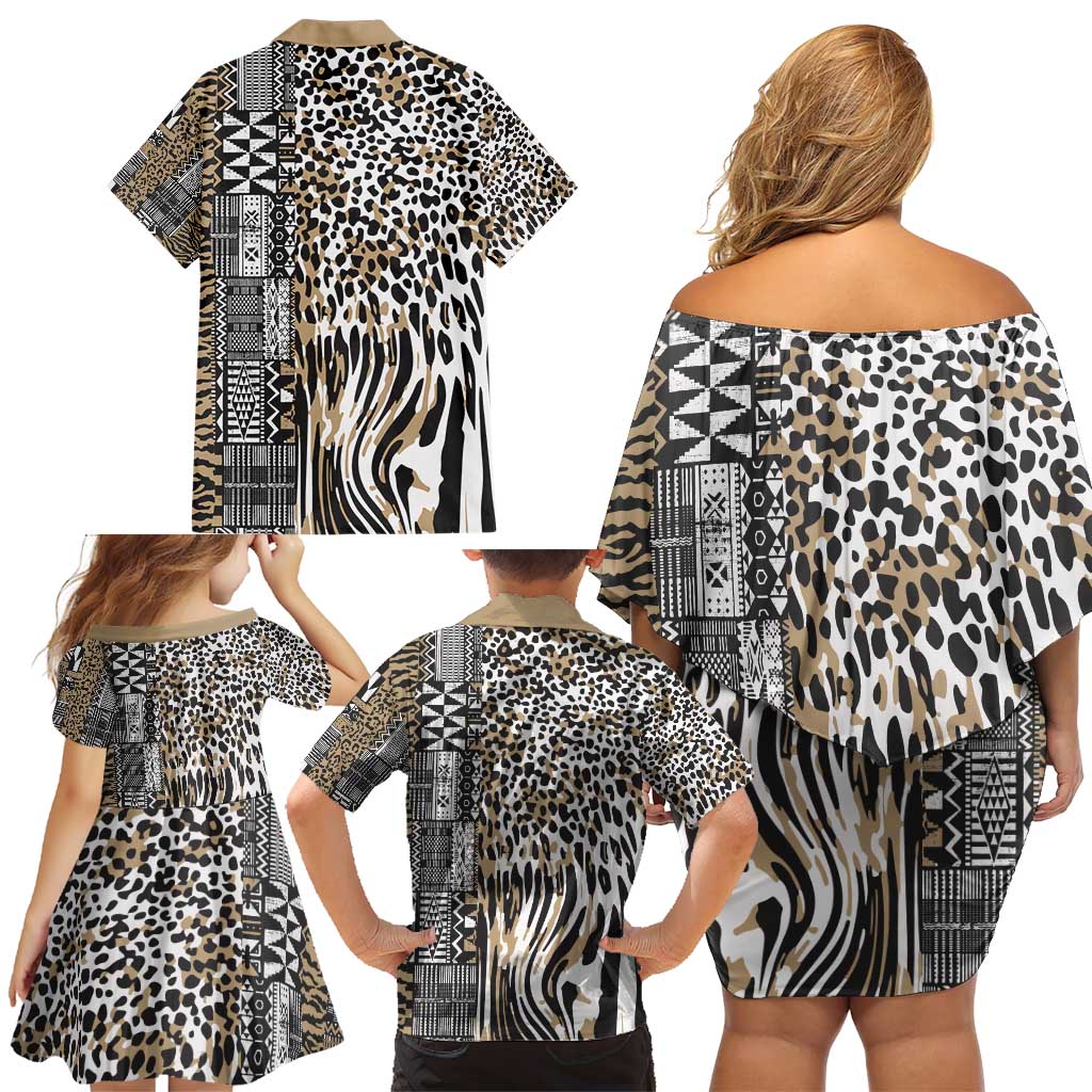 Africa Tribal Pattern Mixed Leopard Skin Family Matching Off Shoulder Short Dress and Hawaiian Shirt - Wonder Print Shop
