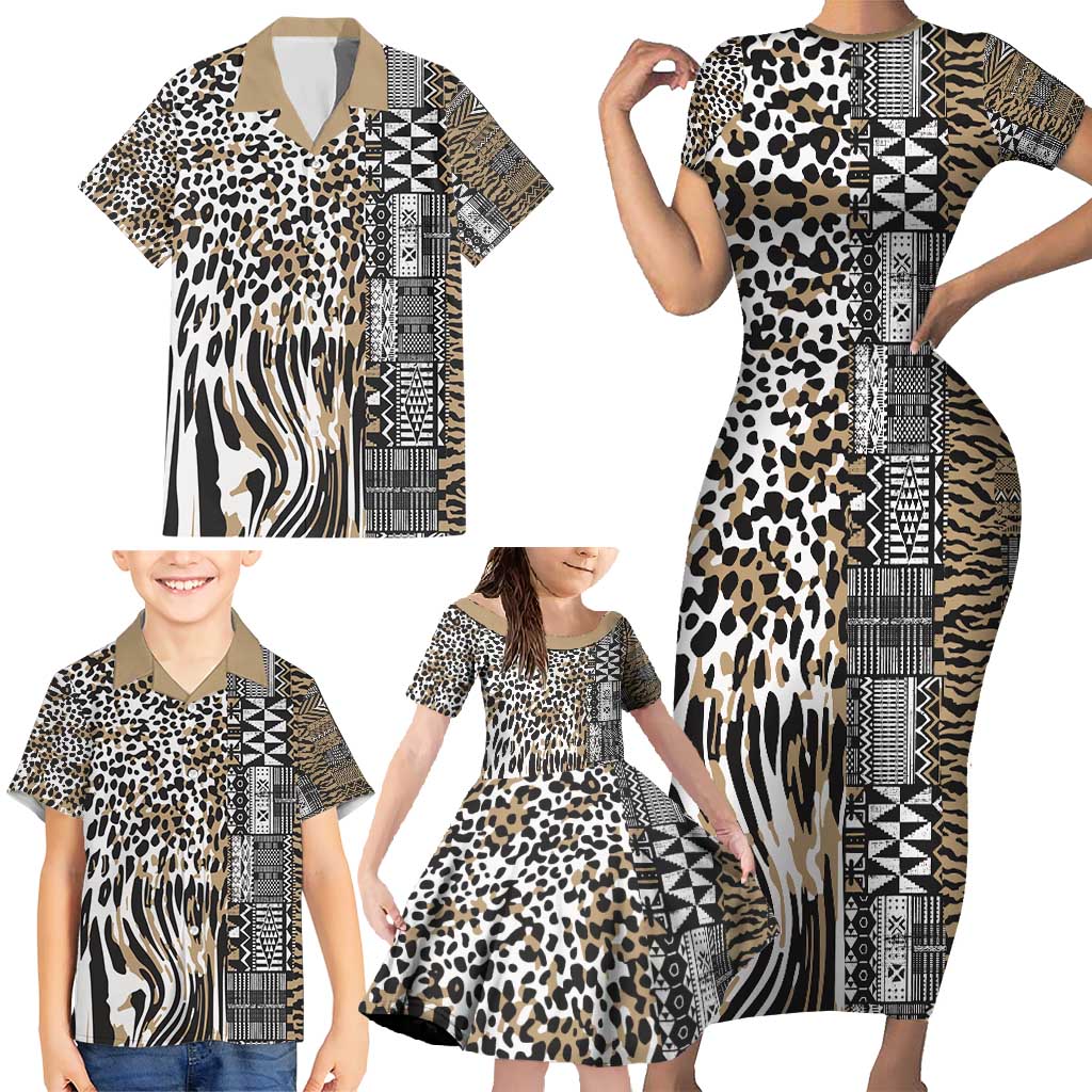 Africa Tribal Pattern Mixed Leopard Skin Family Matching Short Sleeve Bodycon Dress and Hawaiian Shirt - Wonder Print Shop
