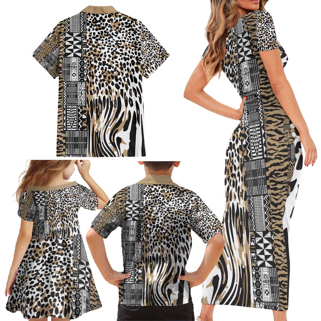 Africa Tribal Pattern Mixed Leopard Skin Family Matching Short Sleeve Bodycon Dress and Hawaiian Shirt - Wonder Print Shop