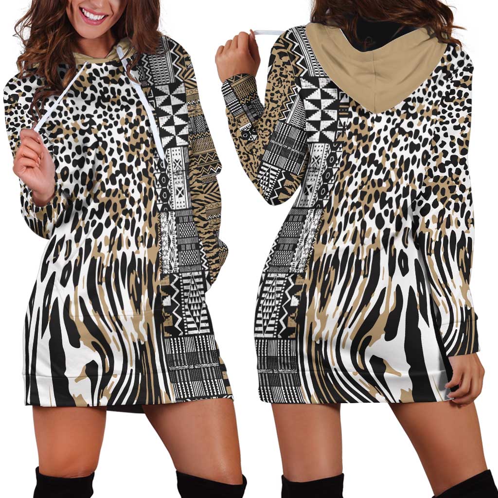 Africa Tribal Pattern Mixed Leopard Skin Hoodie Dress - Wonder Print Shop