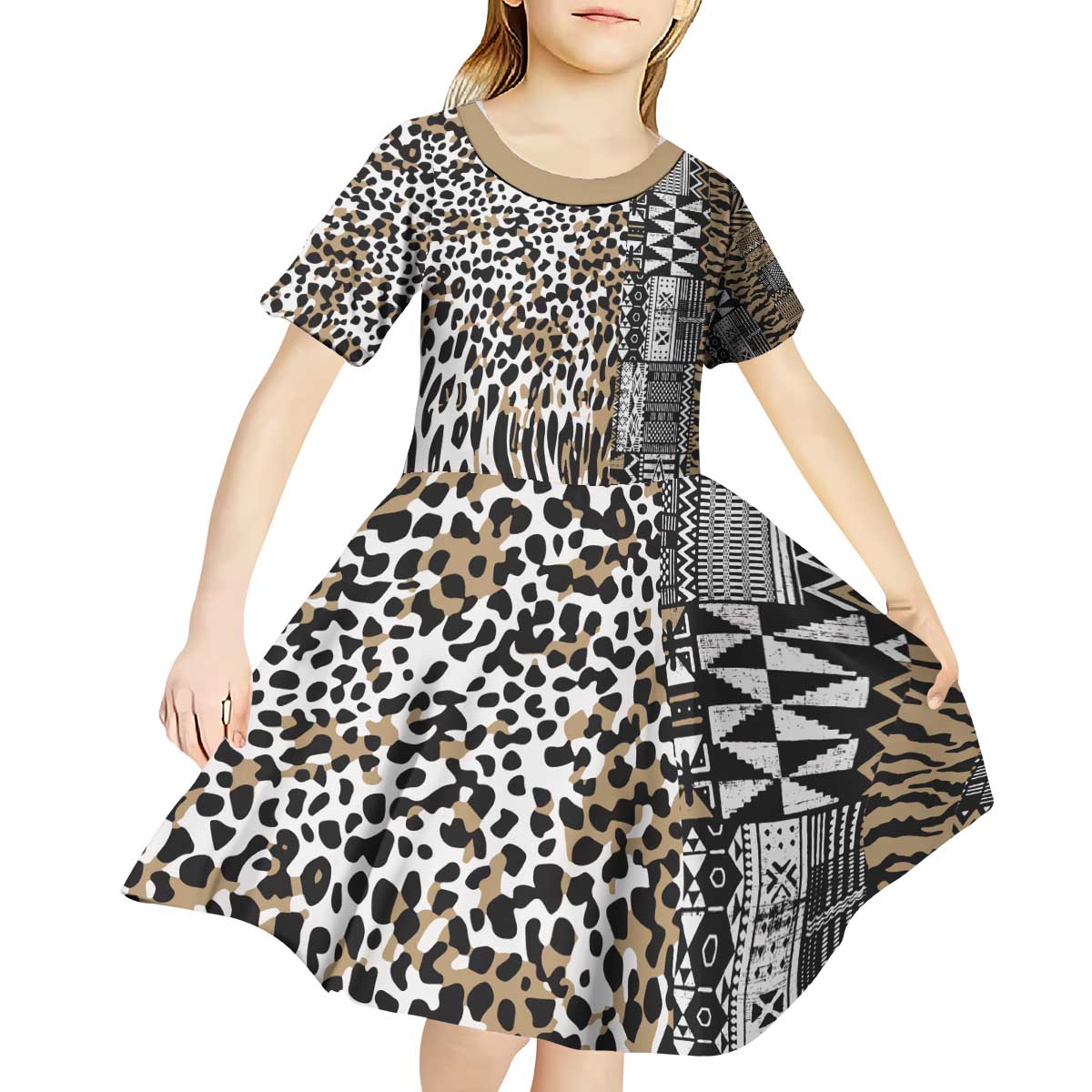 Africa Tribal Pattern Mixed Leopard Skin Kid Short Sleeve Dress - Wonder Print Shop
