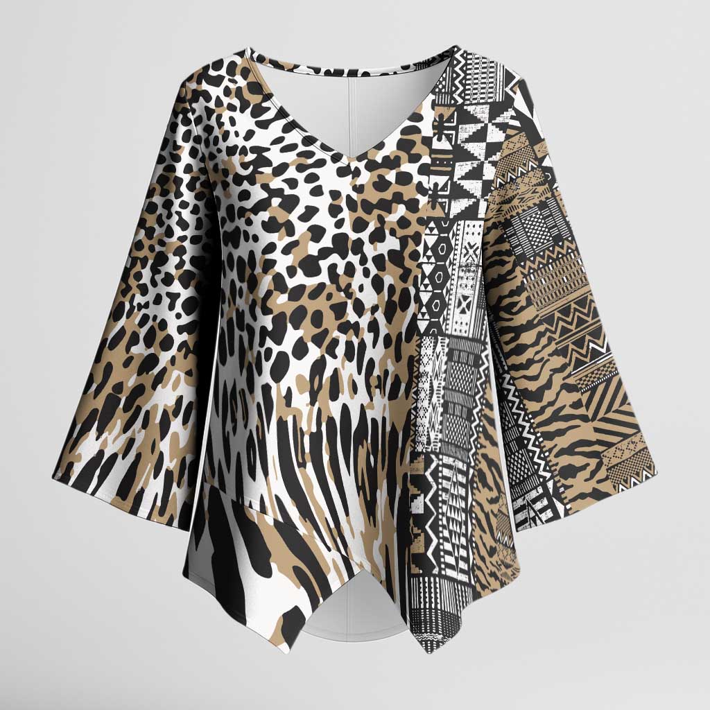 Africa Tribal Pattern Mixed Leopard Skin Kimono Sleeve Blouse - Wonder Print Shop