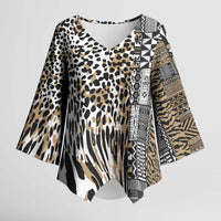Africa Tribal Pattern Mixed Leopard Skin Kimono Sleeve Blouse - Wonder Print Shop