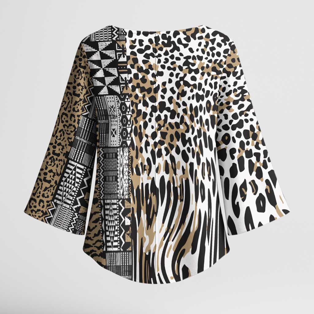 Africa Tribal Pattern Mixed Leopard Skin Kimono Sleeve Blouse - Wonder Print Shop