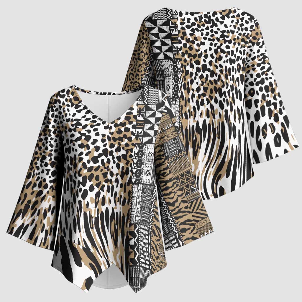 Africa Tribal Pattern Mixed Leopard Skin Kimono Sleeve Blouse - Wonder Print Shop