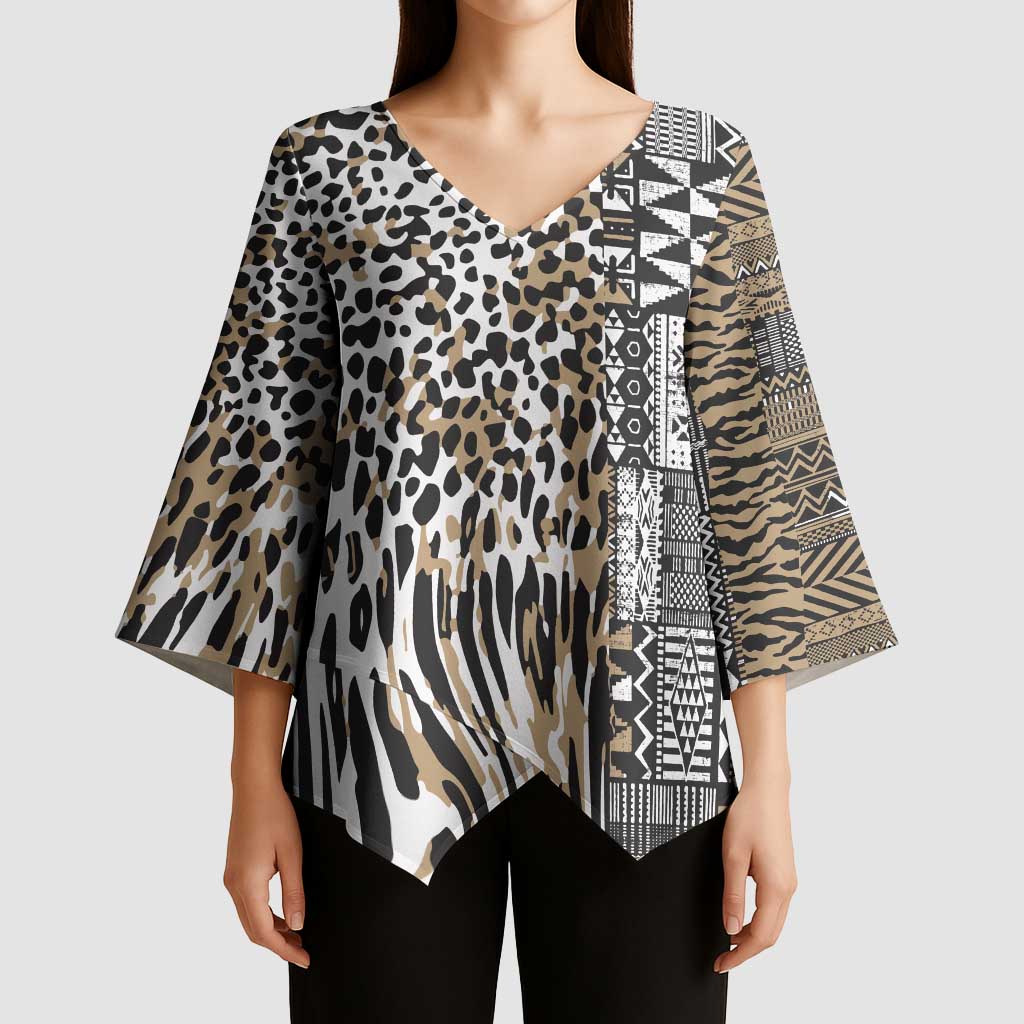 Africa Tribal Pattern Mixed Leopard Skin Kimono Sleeve Blouse - Wonder Print Shop