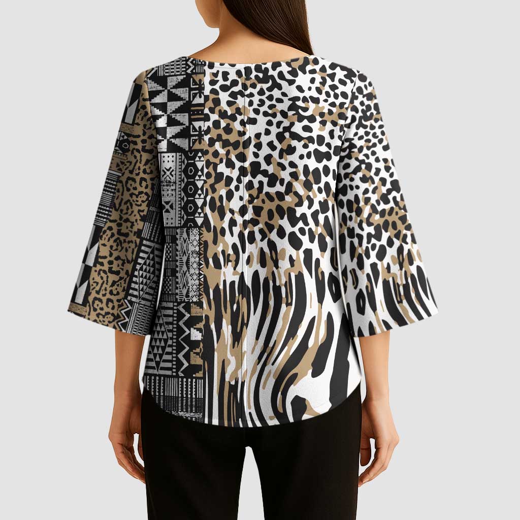 Africa Tribal Pattern Mixed Leopard Skin Kimono Sleeve Blouse - Wonder Print Shop