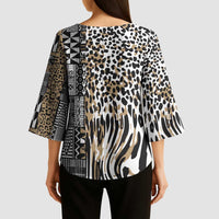 Africa Tribal Pattern Mixed Leopard Skin Kimono Sleeve Blouse - Wonder Print Shop
