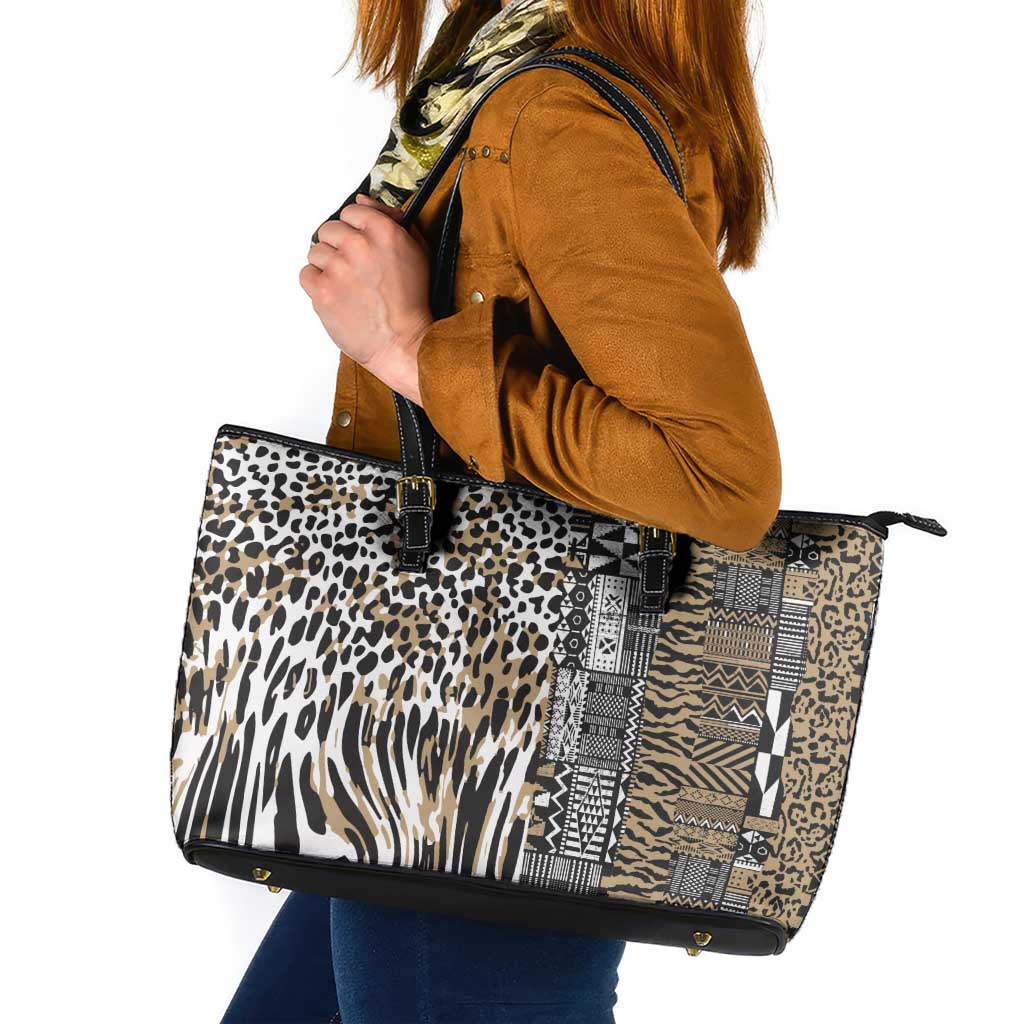 Africa Tribal Pattern Mixed Leopard Skin Leather Tote Bag - Wonder Print Shop