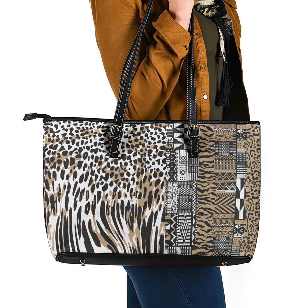 Africa Tribal Pattern Mixed Leopard Skin Leather Tote Bag - Wonder Print Shop