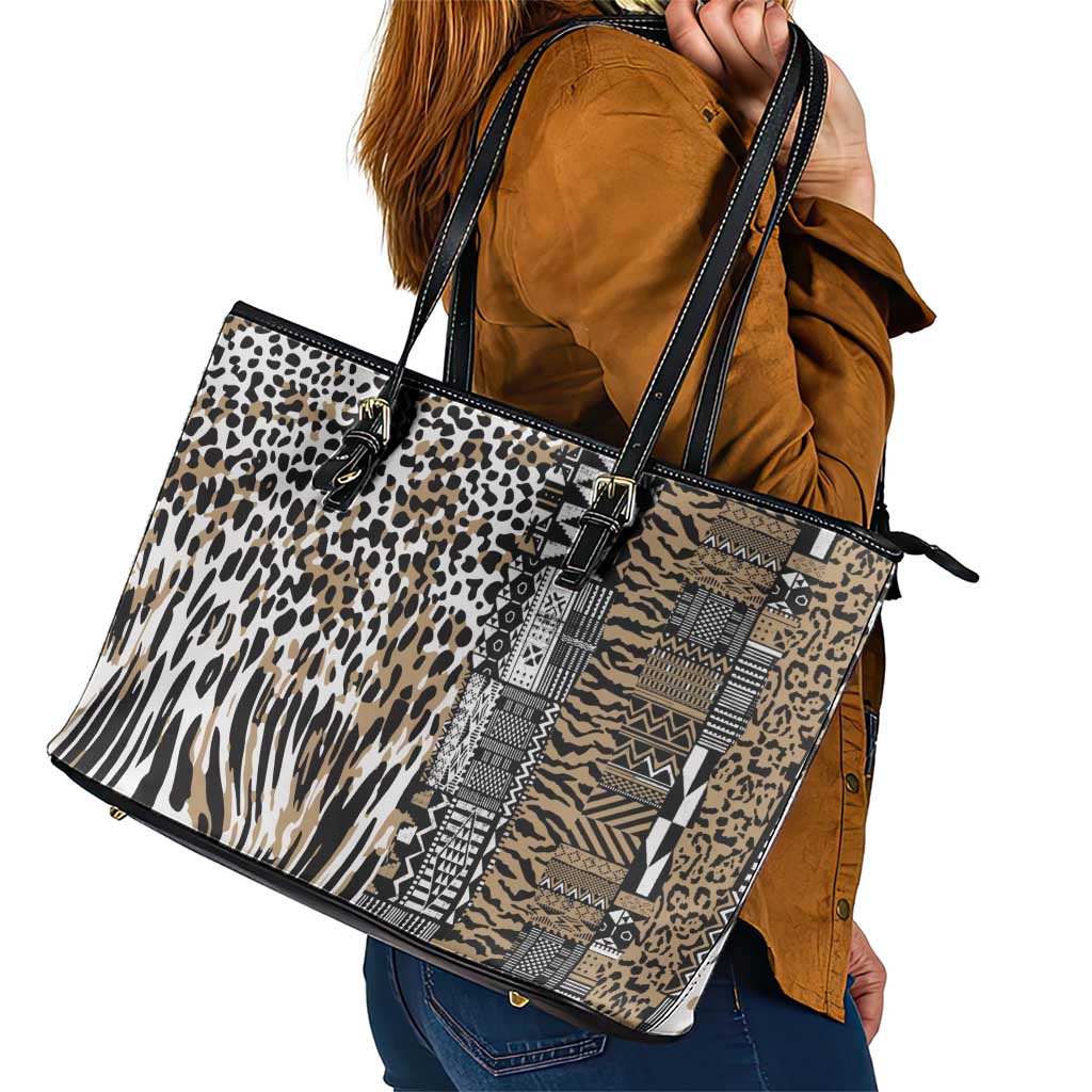 Africa Tribal Pattern Mixed Leopard Skin Leather Tote Bag - Wonder Print Shop