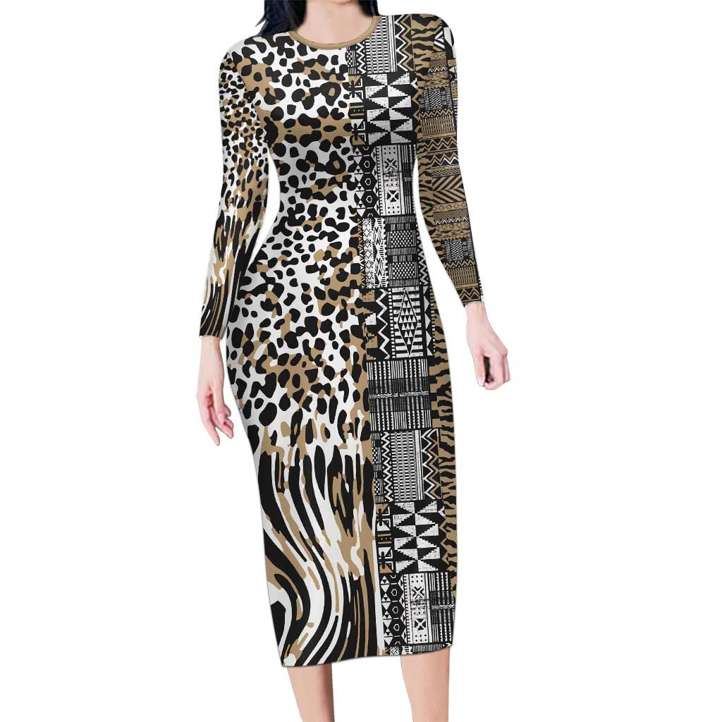 Africa Tribal Pattern Mixed Leopard Skin Long Sleeve Bodycon Dress - Wonder Print Shop