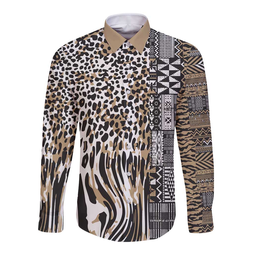 Africa Tribal Pattern Mixed Leopard Skin Long Sleeve Button Shirt - Wonder Print Shop