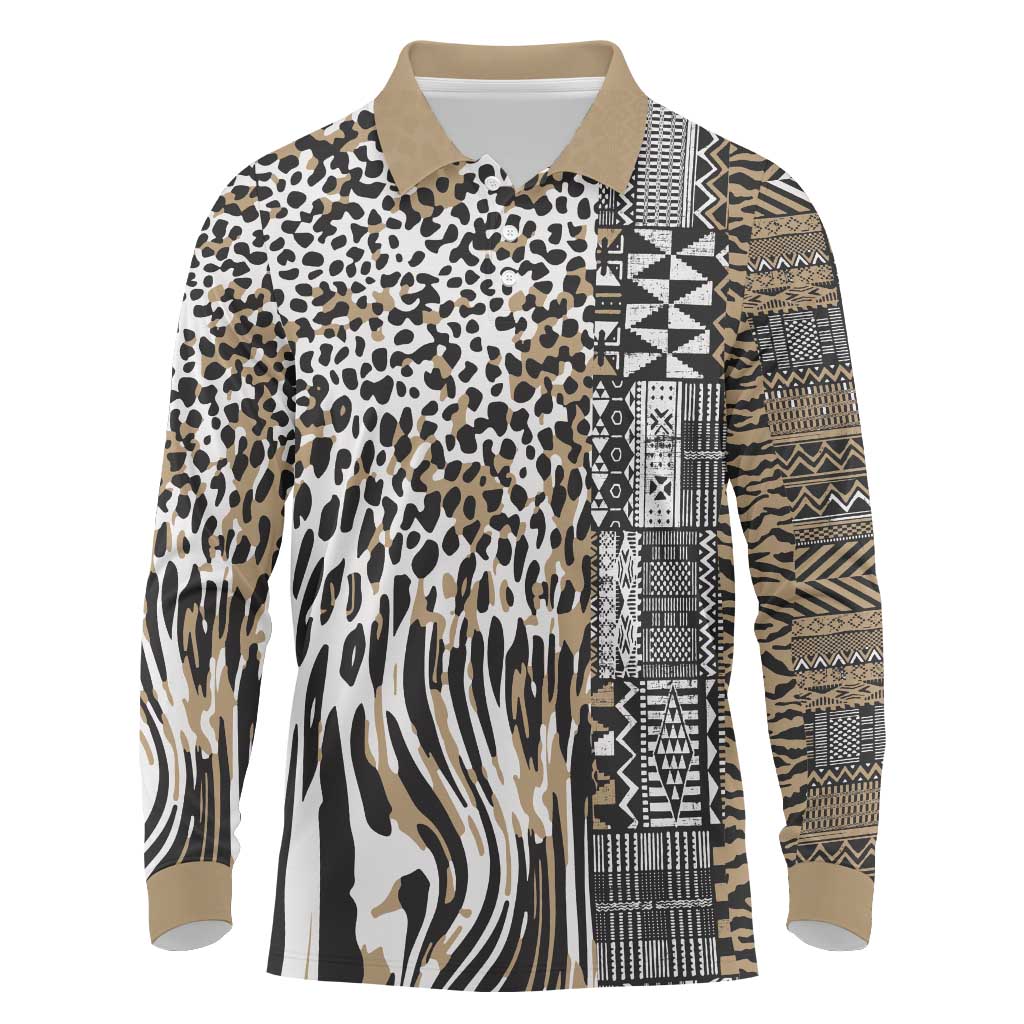 Africa Tribal Pattern Mixed Leopard Skin Long Sleeve Polo Shirt - Wonder Print Shop