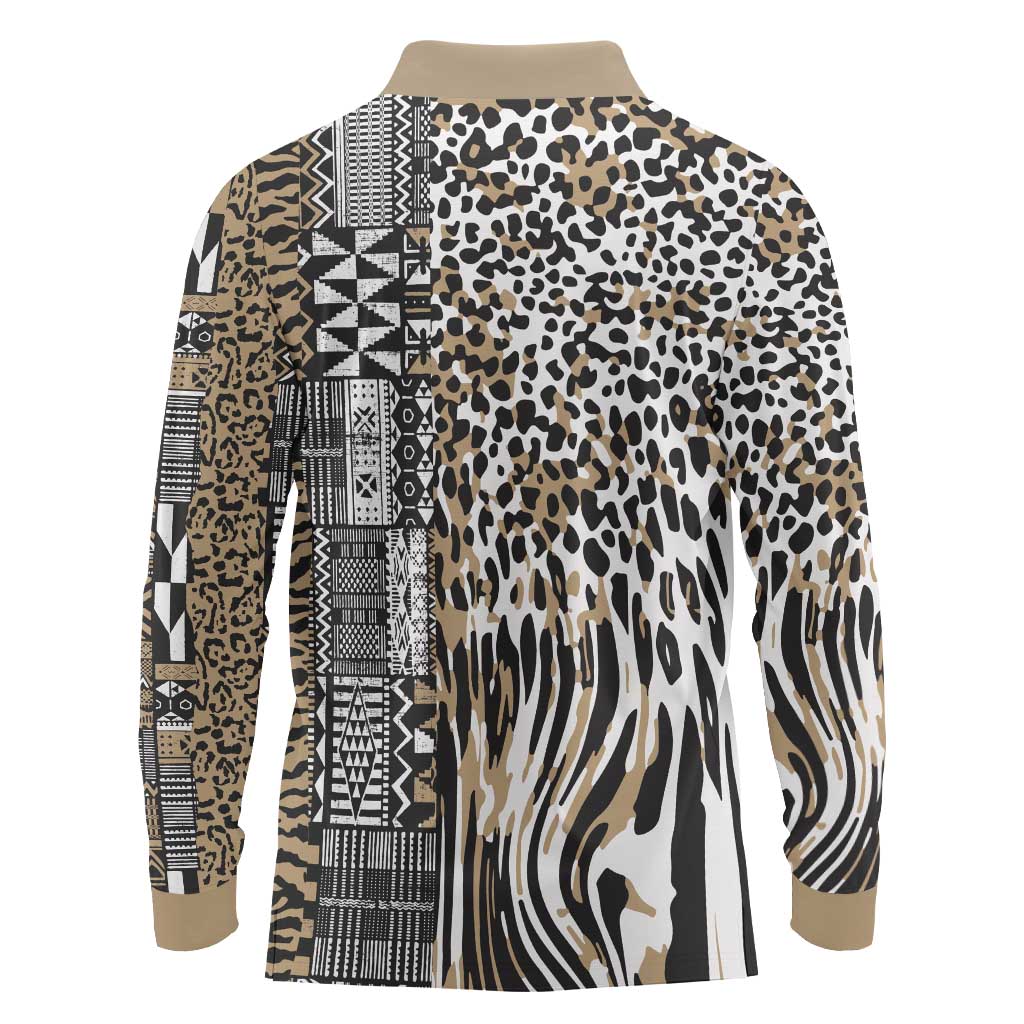 Africa Tribal Pattern Mixed Leopard Skin Long Sleeve Polo Shirt - Wonder Print Shop