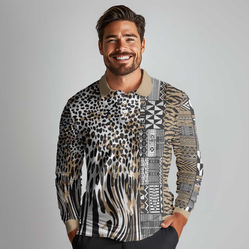 Africa Tribal Pattern Mixed Leopard Skin Long Sleeve Polo Shirt - Wonder Print Shop