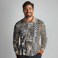 Africa Tribal Pattern Mixed Leopard Skin Long Sleeve Polo Shirt - Wonder Print Shop