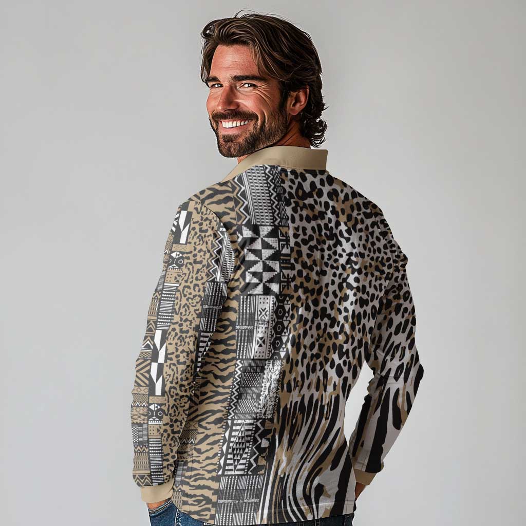 Africa Tribal Pattern Mixed Leopard Skin Long Sleeve Polo Shirt - Wonder Print Shop