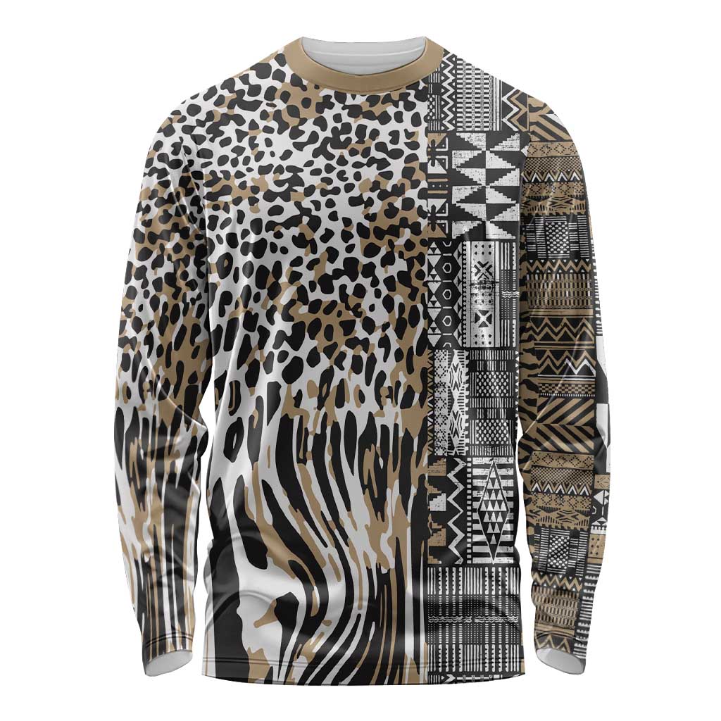 Africa Tribal Pattern Mixed Leopard Skin Long Sleeve Shirt - Wonder Print Shop
