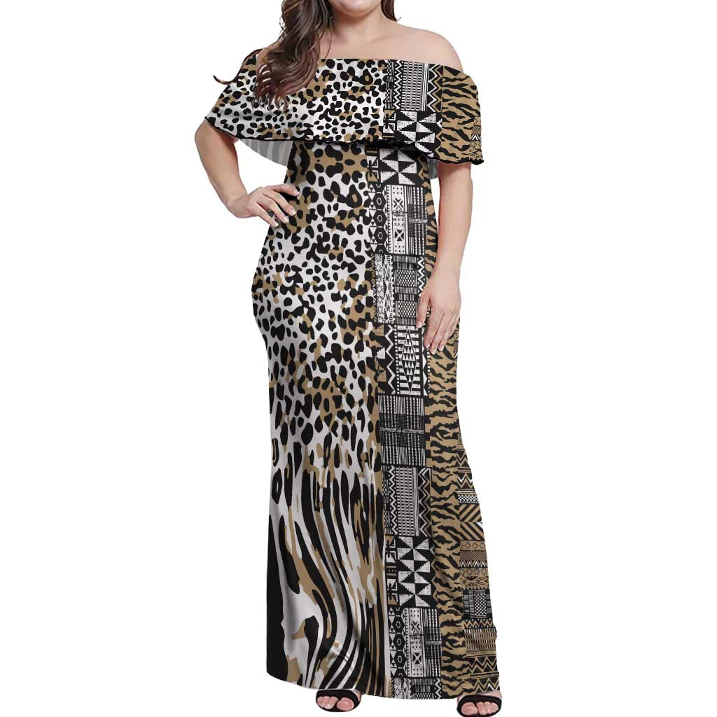 Africa Tribal Pattern Mixed Leopard Skin Off Shoulder Maxi Dress - Wonder Print Shop