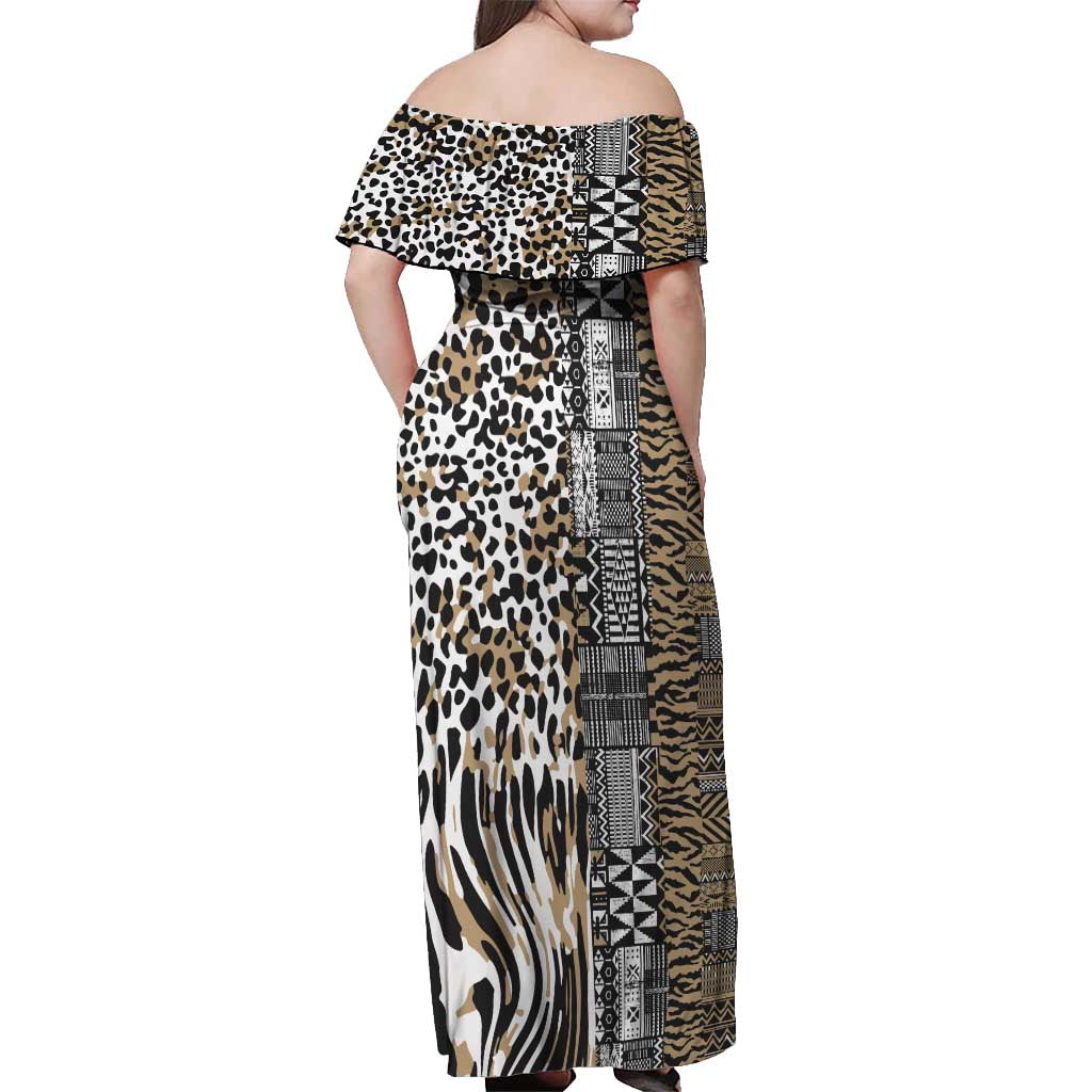 Africa Tribal Pattern Mixed Leopard Skin Off Shoulder Maxi Dress - Wonder Print Shop