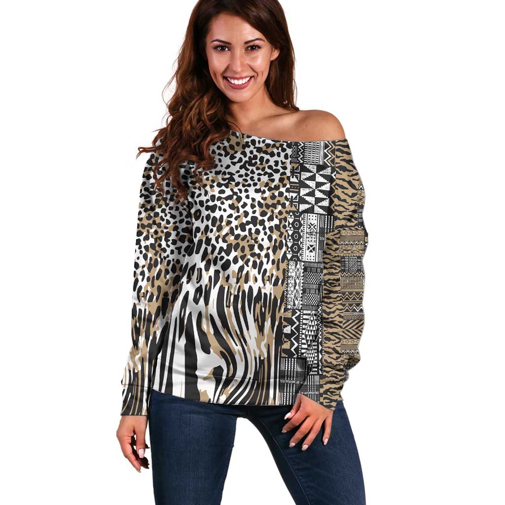 Africa Tribal Pattern Mixed Leopard Skin Off Shoulder Sweater - Wonder Print Shop