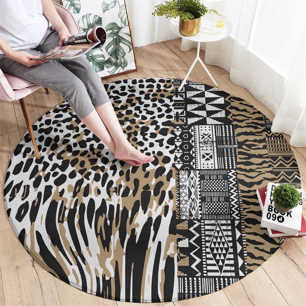 Africa Tribal Pattern Mixed Leopard Skin Round Carpet - Wonder Print Shop