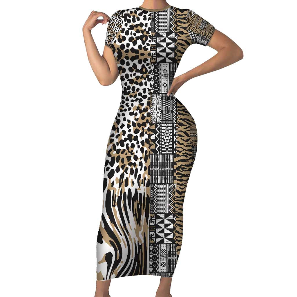 Africa Tribal Pattern Mixed Leopard Skin Short Sleeve Bodycon Dress - Wonder Print Shop