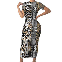 Africa Tribal Pattern Mixed Leopard Skin Short Sleeve Bodycon Dress - Wonder Print Shop