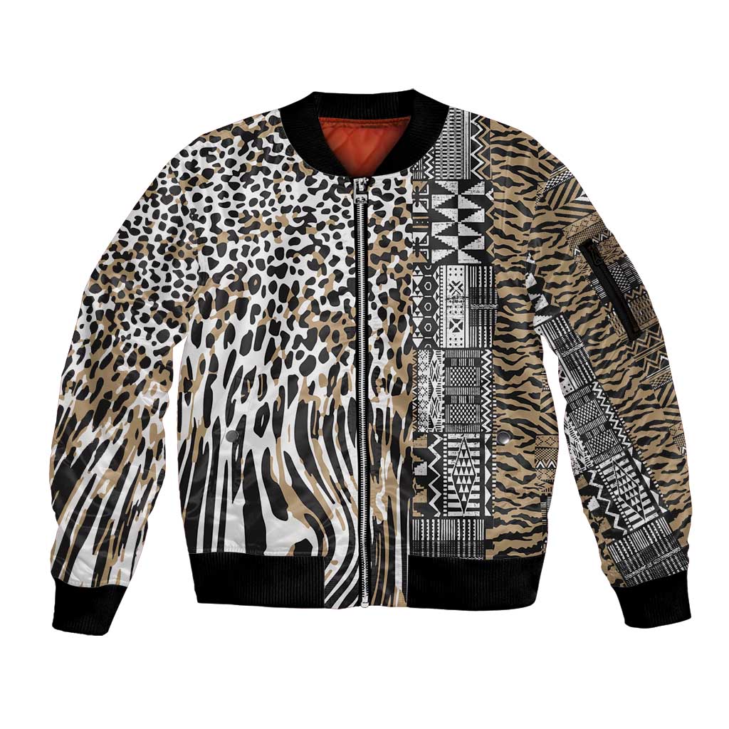 Africa Tribal Pattern Mixed Leopard Skin Sleeve Zip Bomber Jacket - Wonder Print Shop