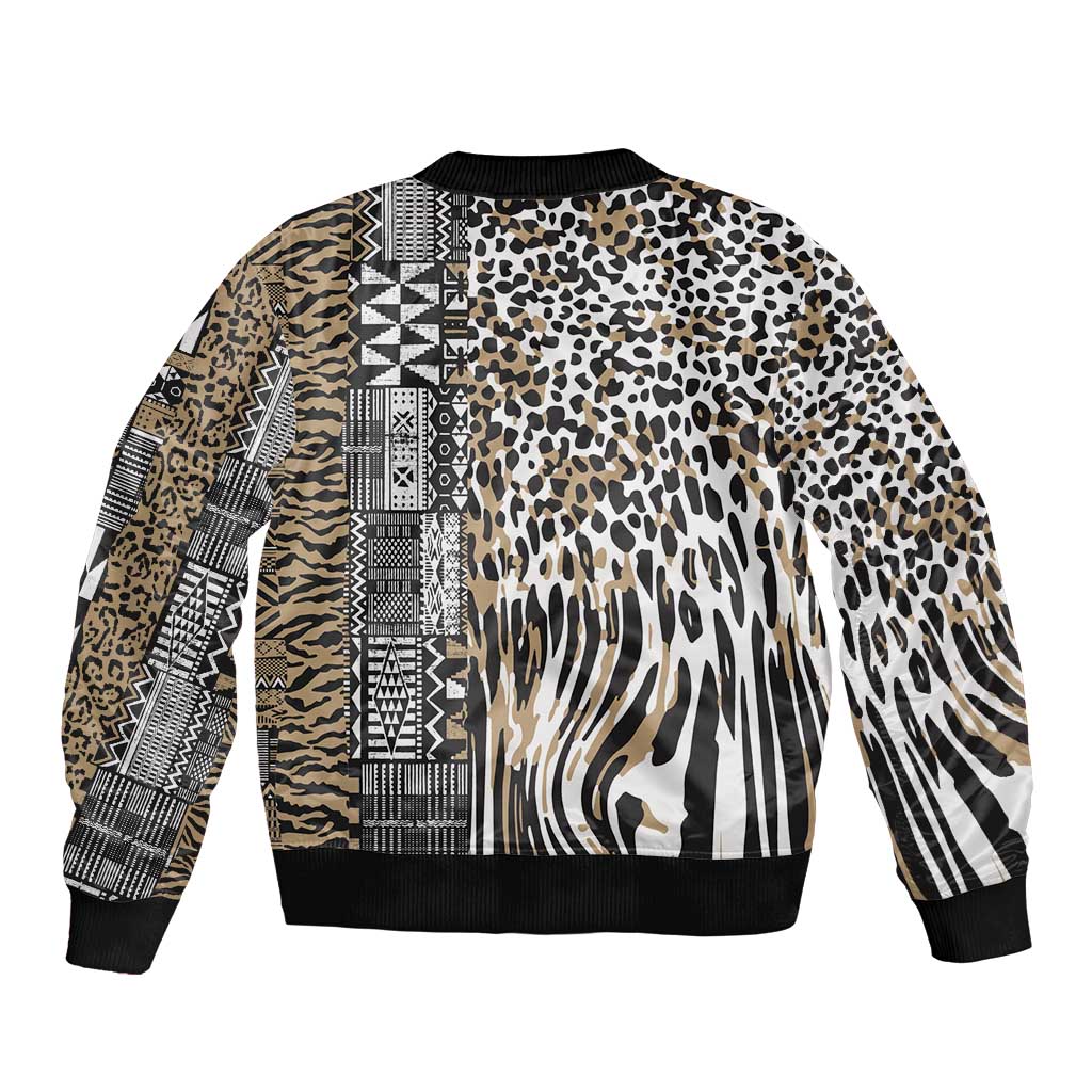 Africa Tribal Pattern Mixed Leopard Skin Sleeve Zip Bomber Jacket - Wonder Print Shop