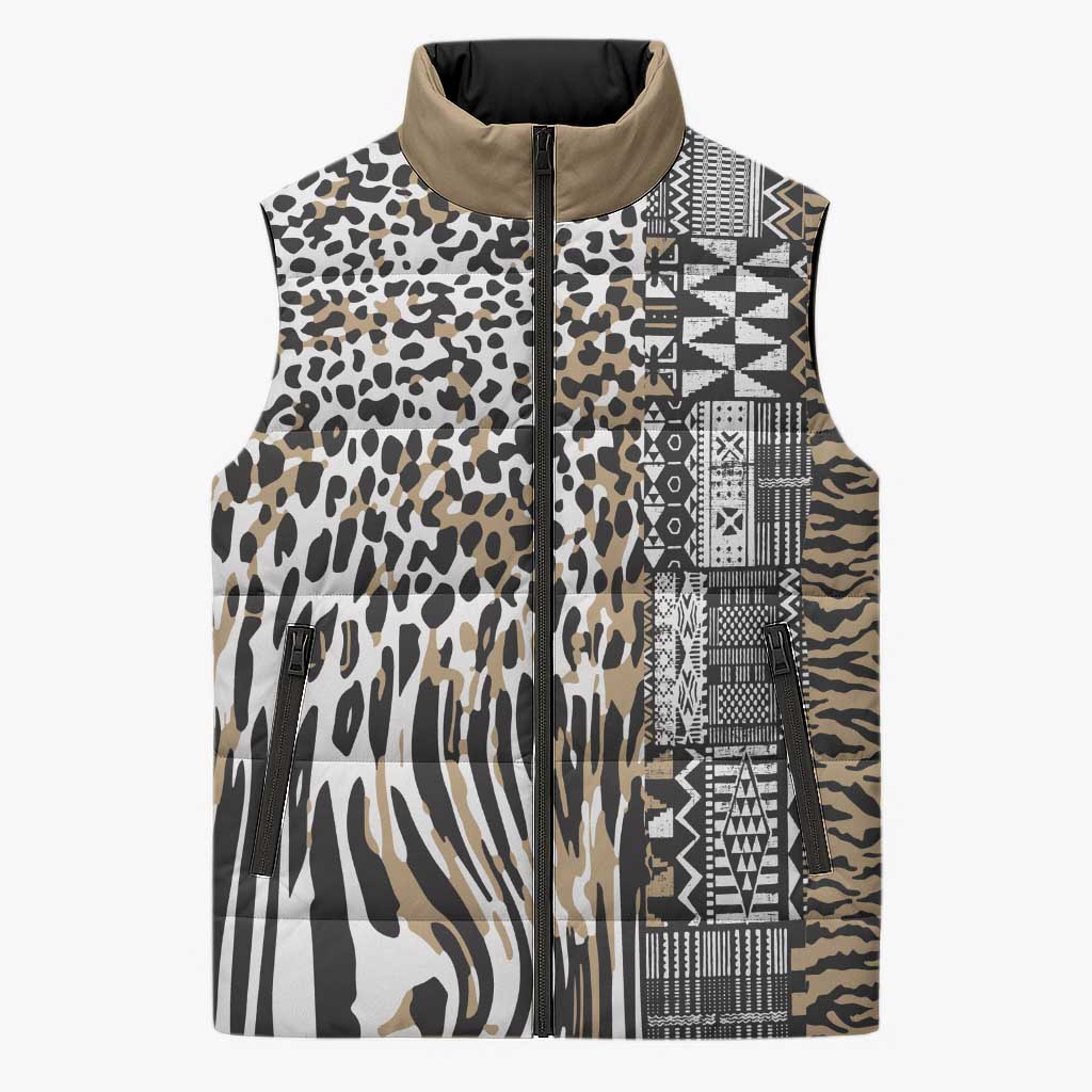 Africa Tribal Pattern Mixed Leopard Skin Sleeveless Puffer Jacket - Wonder Print Shop