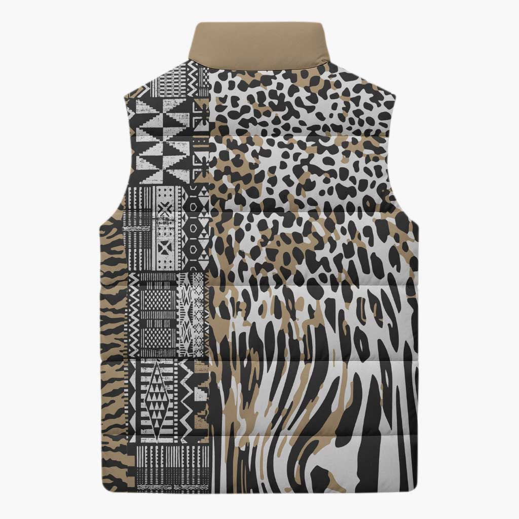Africa Tribal Pattern Mixed Leopard Skin Sleeveless Puffer Jacket - Wonder Print Shop