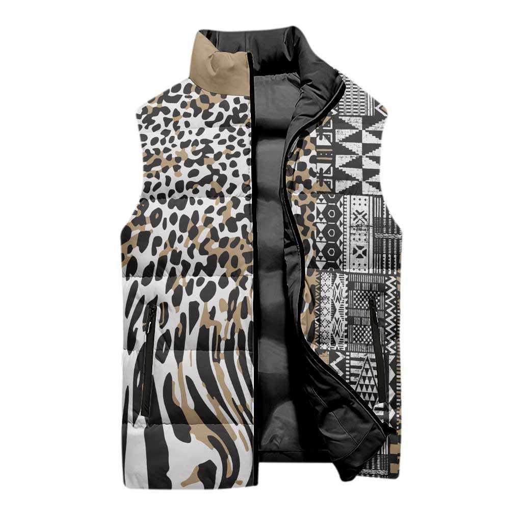 Africa Tribal Pattern Mixed Leopard Skin Sleeveless Puffer Jacket - Wonder Print Shop