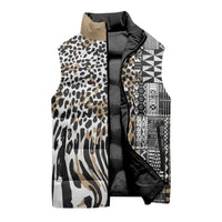 Africa Tribal Pattern Mixed Leopard Skin Sleeveless Puffer Jacket - Wonder Print Shop
