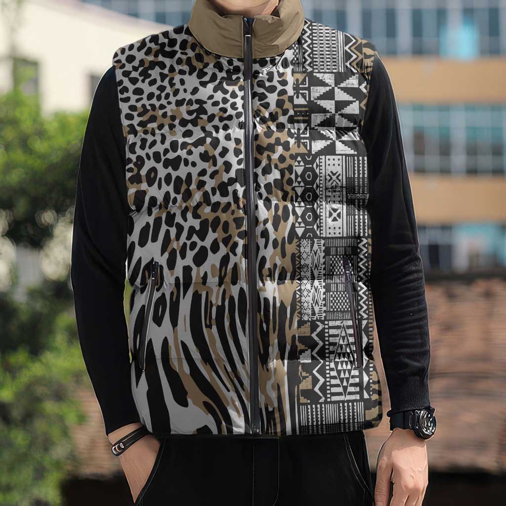 Africa Tribal Pattern Mixed Leopard Skin Sleeveless Puffer Jacket - Wonder Print Shop