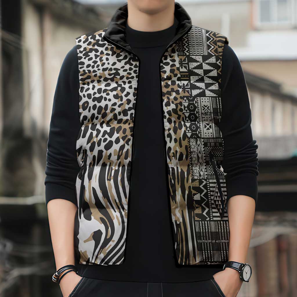 Africa Tribal Pattern Mixed Leopard Skin Sleeveless Puffer Jacket - Wonder Print Shop