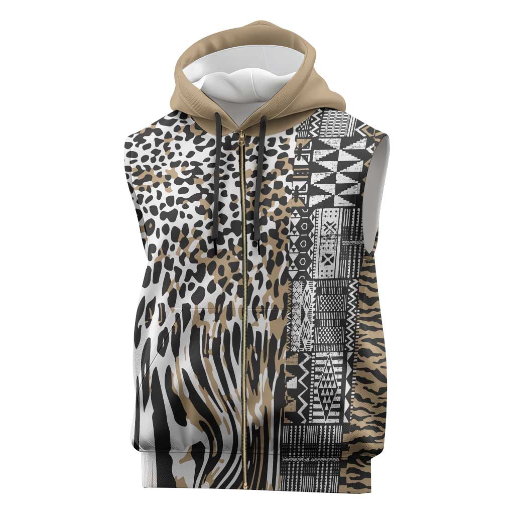 Africa Tribal Pattern Mixed Leopard Skin Sleeveless Zip Hoodie - Wonder Print Shop