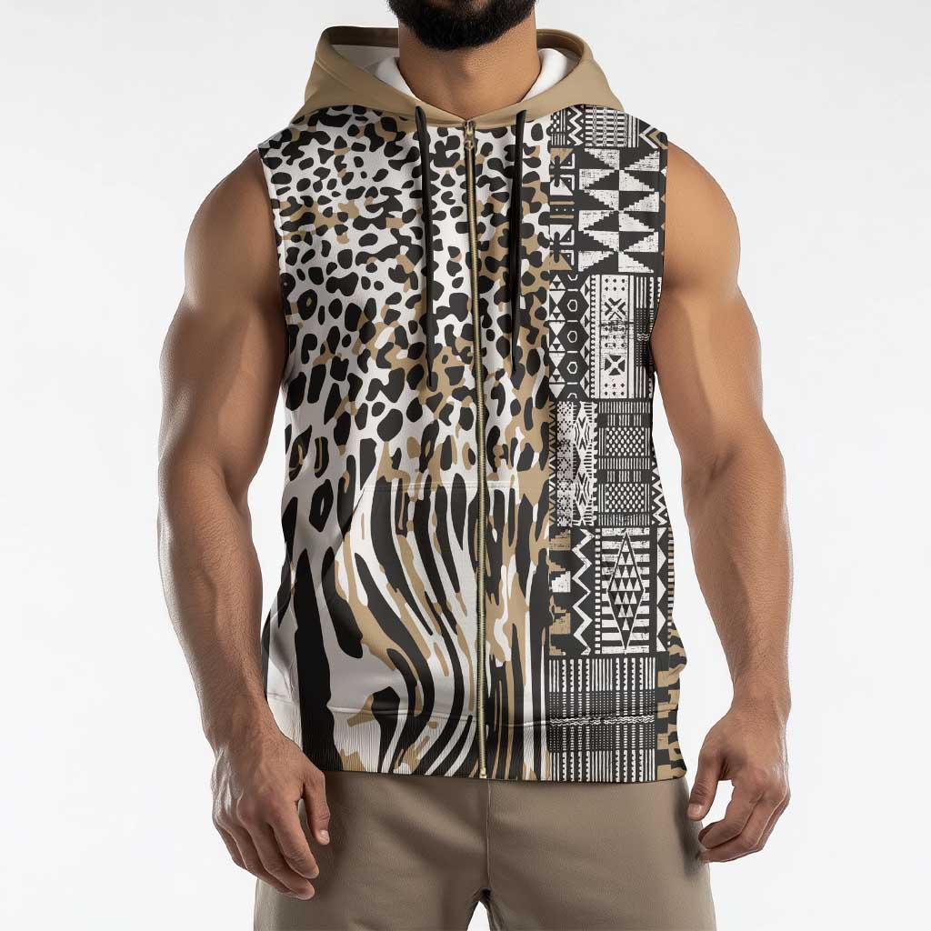 Africa Tribal Pattern Mixed Leopard Skin Sleeveless Zip Hoodie - Wonder Print Shop