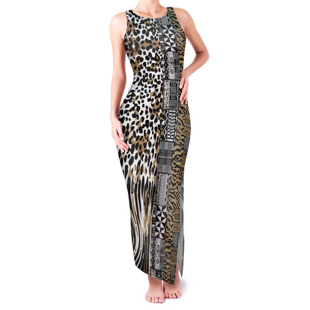 Africa Tribal Pattern Mixed Leopard Skin Tank Maxi Dress - Wonder Print Shop