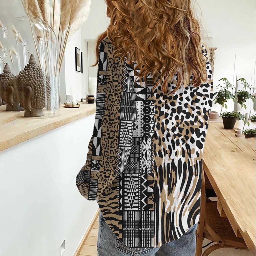Africa Tribal Pattern Mixed Leopard Skin Women Casual Shirt - Wonder Print Shop