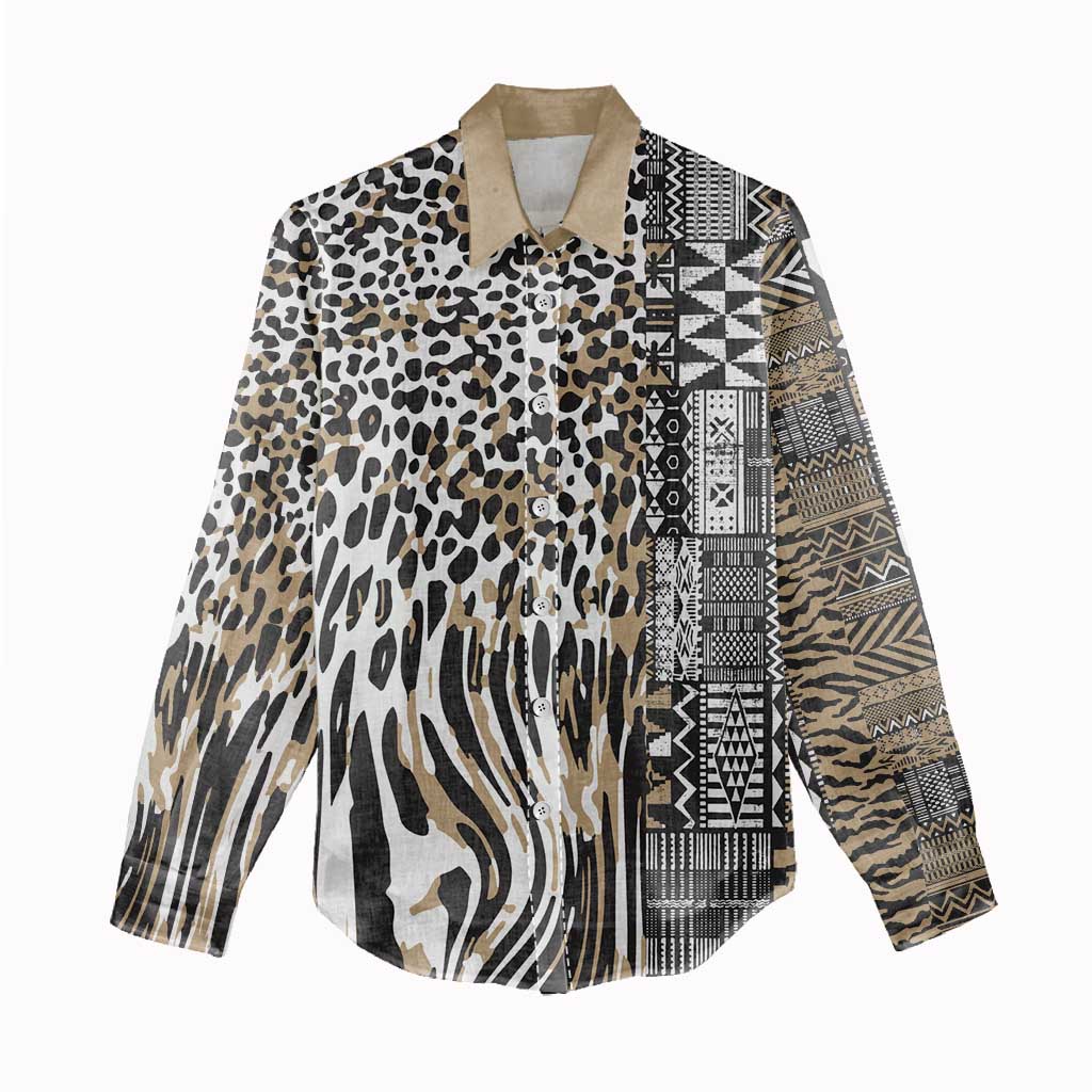 Africa Tribal Pattern Mixed Leopard Skin Women Casual Shirt - Wonder Print Shop